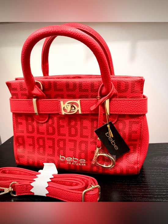 bebe Handbags - bebe Red Logo Jacquard Satchel with Gold Accents